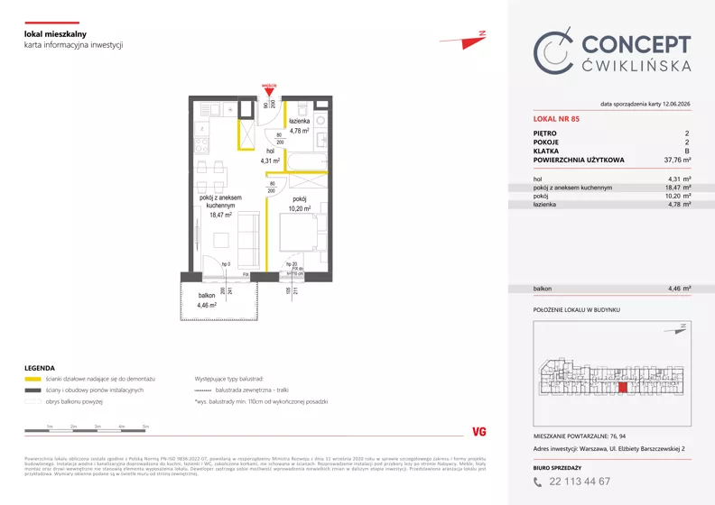 2 pokoje, mieszkanie 37,76 m², piętro 2, oferta nr A85, Concept Ćwiklińska, Warszawa, Białołęka, Tarchomin, ul. Elżbiety Barszczewskiej 2