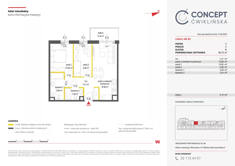 3 pokoje, mieszkanie 56,72 m², piętro 2, oferta nr A89, Concept Ćwiklińska, Warszawa, Białołęka, Tarchomin, ul. Elżbiety Barszczewskiej 2