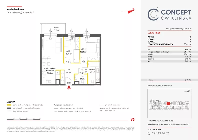 3 pokoje, mieszkanie 58,42 m², piętro 2, oferta nr A90, Concept Ćwiklińska, Warszawa, Białołęka, Tarchomin, ul. Elżbiety Barszczewskiej 2