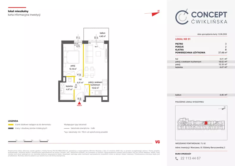 2 pokoje, mieszkanie 37,48 m², piętro 3, oferta nr A91, Concept Ćwiklińska, Warszawa, Białołęka, Tarchomin, ul. Elżbiety Barszczewskiej 2