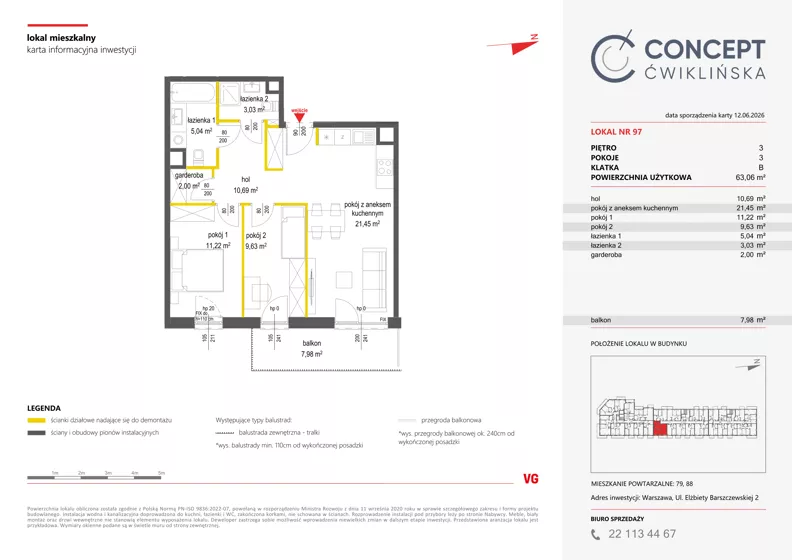 3 pokoje, mieszkanie 63,06 m², piętro 3, oferta nr A97, Concept Ćwiklińska, Warszawa, Białołęka, Tarchomin, ul. Elżbiety Barszczewskiej 2