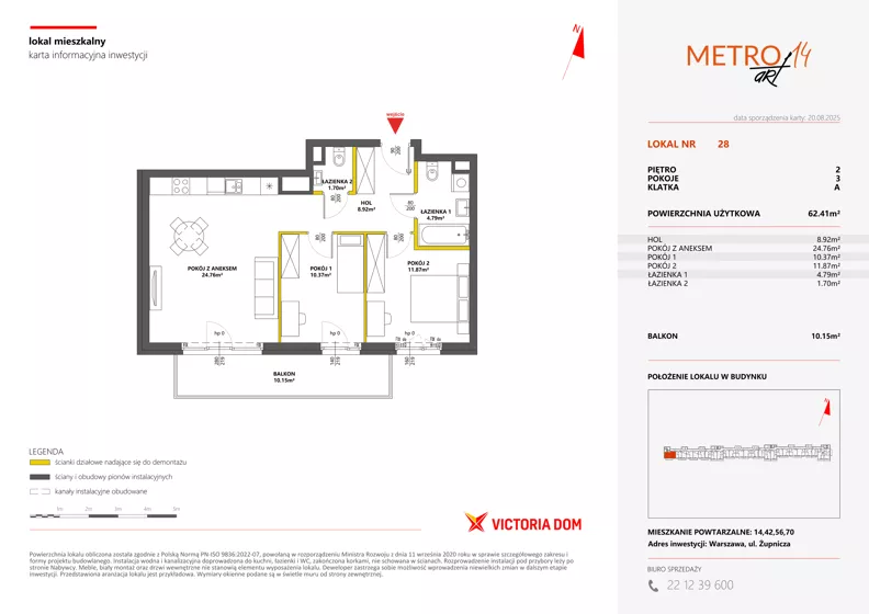 3 pokoje, mieszkanie 62,41 m², piętro 2, oferta nr XIV/28, Metro Art 14, Warszawa, Praga Południe, Kamionek, ul. Chodakowska