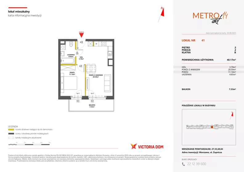 2 pokoje, mieszkanie 40,17 m², piętro 2, oferta nr XIV/41, Metro Art 14, Warszawa, Praga Południe, Kamionek, ul. Chodakowska