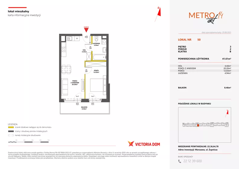 2 pokoje, mieszkanie 41,61 m², piętro 3, oferta nr XIV/50, Metro Art 14, Warszawa, Praga Południe, Kamionek, ul. Chodakowska