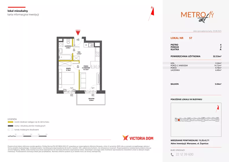 2 pokoje, mieszkanie 32,53 m², piętro 4, oferta nr XIV/57, Metro Art 14, Warszawa, Praga Południe, Kamionek, ul. Chodakowska
