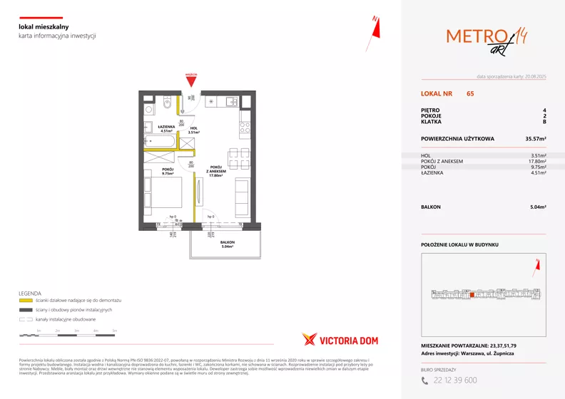 2 pokoje, mieszkanie 35,57 m², piętro 4, oferta nr XIV/65, Metro Art 14, Warszawa, Praga Południe, Kamionek, ul. Chodakowska
