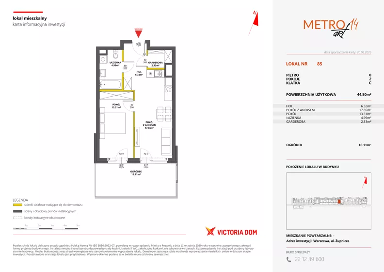 2 pokoje, mieszkanie 44,80 m², parter, oferta nr XIV/85, Metro Art 14, Warszawa, Praga Południe, Kamionek, ul. Chodakowska