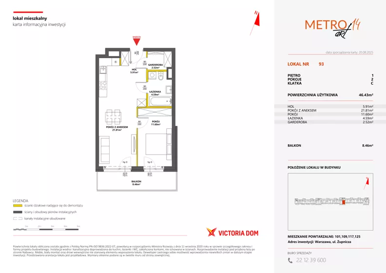 2 pokoje, mieszkanie 46,43 m², piętro 1, oferta nr XIV/93, Metro Art 14, Warszawa, Praga Południe, Kamionek, ul. Chodakowska