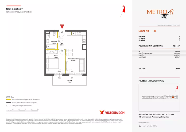 2 pokoje, mieszkanie 40,11 m², piętro 1, oferta nr XIV/98, Metro Art 14, Warszawa, Praga Południe, Kamionek, ul. Chodakowska