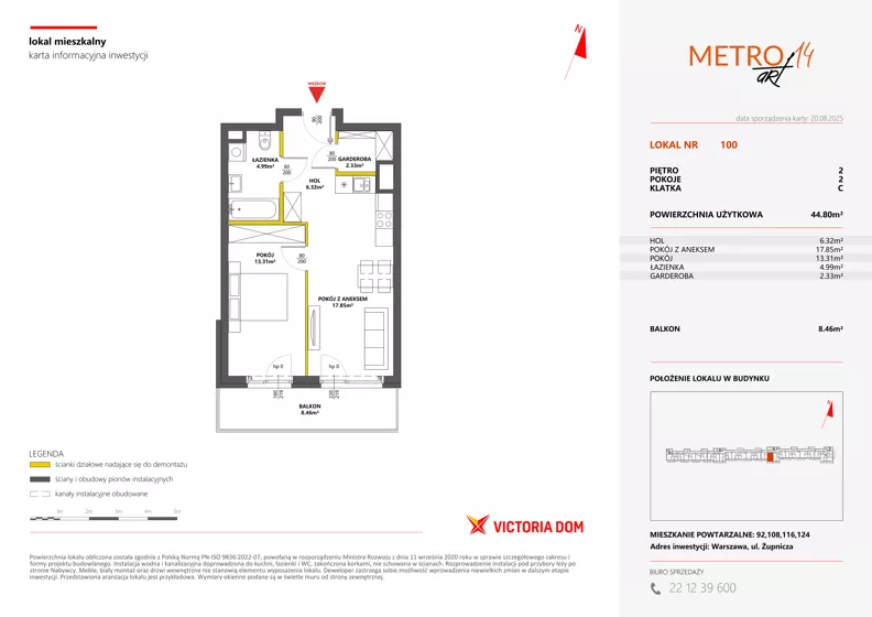 2 pokoje, mieszkanie 44,80 m², piętro 2, oferta nr XIV/100, Metro Art 14, Warszawa, Praga Południe, Kamionek, ul. Chodakowska