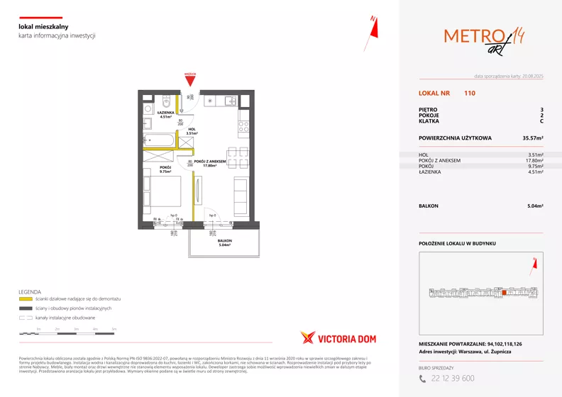 2 pokoje, mieszkanie 35,57 m², piętro 3, oferta nr XIV/110, Metro Art 14, Warszawa, Praga Południe, Kamionek, ul. Chodakowska