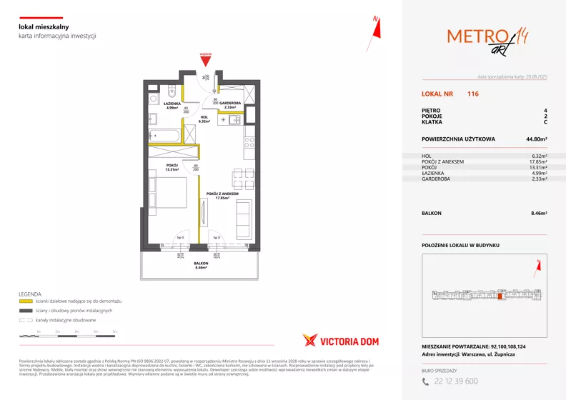 2 pokoje, mieszkanie 44,80 m², piętro 4, oferta nr XIV/116, Metro Art 14, Warszawa, Praga Południe, Kamionek, ul. Chodakowska