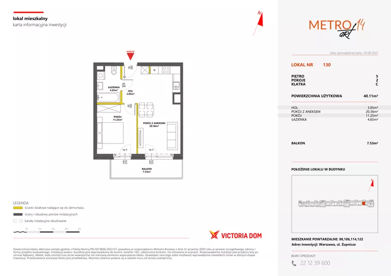 2 pokoje, mieszkanie 40,11 m², piętro 5, oferta nr XIV/130, Metro Art 14, Warszawa, Praga Południe, Kamionek, ul. Chodakowska