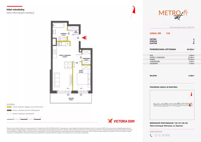 2 pokoje, mieszkanie 45,62 m², piętro 4, oferta nr XIV/143, Metro Art 14, Warszawa, Praga Południe, Kamionek, ul. Chodakowska
