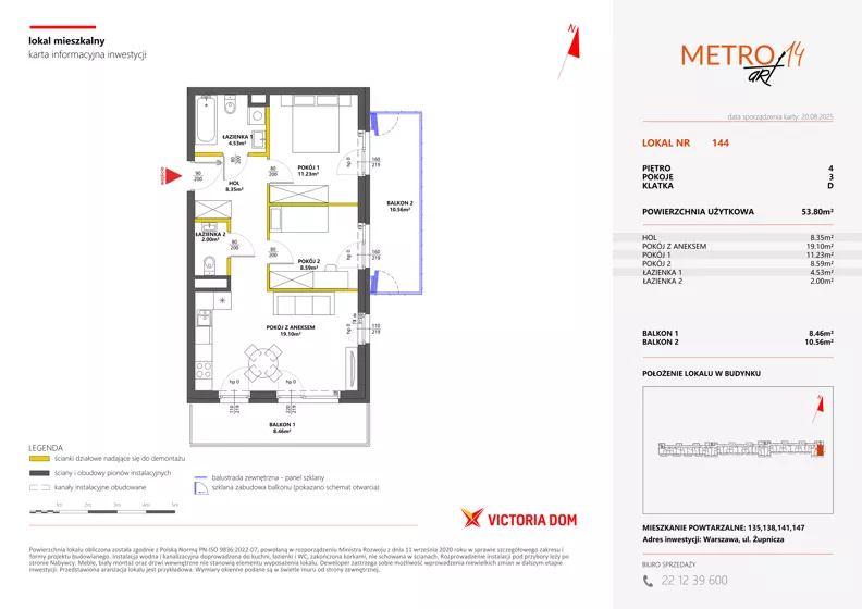 3 pokoje, mieszkanie 53,80 m², piętro 4, oferta nr XIV/144, Metro Art 14, Warszawa, Praga Południe, Kamionek, ul. Chodakowska