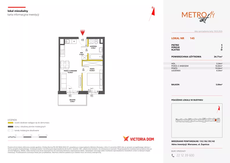 2 pokoje, mieszkanie 34,71 m², piętro 5, oferta nr XIV/145, Metro Art 14, Warszawa, Praga Południe, Kamionek, ul. Chodakowska