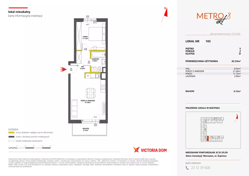 2 pokoje, mieszkanie 43,43 m², piętro 5, oferta nr VIII/103, Metro Art 8, Warszawa, Praga Południe, Kamionek, ul. Żupnicza