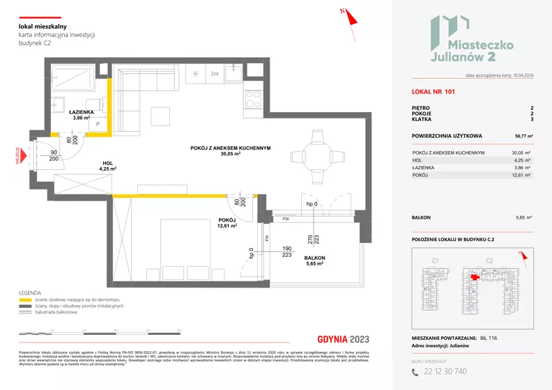 2 pokoje, mieszkanie 50,77 m², piętro 2, oferta nr C2/101, Miasteczko Julianów 2, Julianów, ul. Architektów