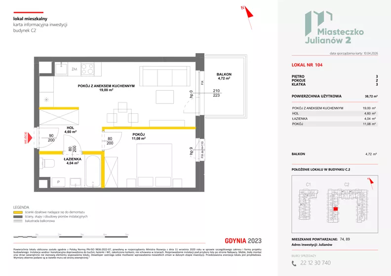 2 pokoje, mieszkanie 38,72 m², piętro 3, oferta nr C2/104, Miasteczko Julianów 2, Julianów, ul. Architektów