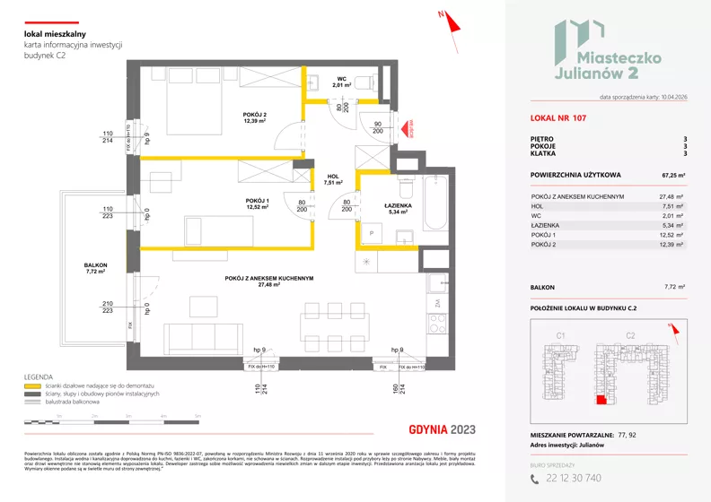 3 pokoje, mieszkanie 67,30 m², piętro 3, oferta nr C2/107, Miasteczko Julianów 2, Julianów, ul. Architektów