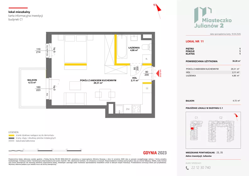 1 pokój, mieszkanie 36,28 m², piętro 1, oferta nr C1/11, Miasteczko Julianów 2, Julianów, ul. Architektów