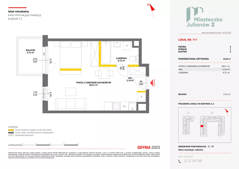 1 pokój, mieszkanie 35,09 m², piętro 3, oferta nr C2/111, Miasteczko Julianów 2, Julianów, ul. Architektów