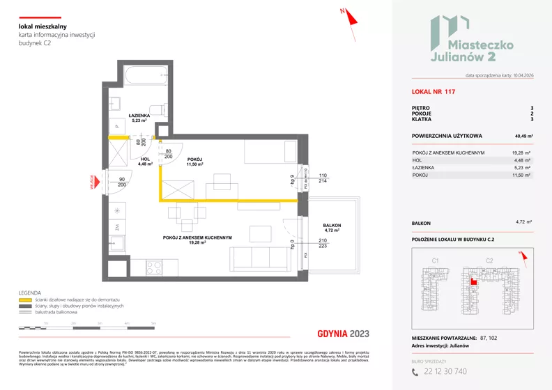 2 pokoje, mieszkanie 40,49 m², piętro 3, oferta nr C2/117, Miasteczko Julianów 2, Julianów, ul. Architektów