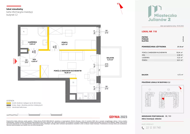 2 pokoje, mieszkanie 37,16 m², piętro 3, oferta nr C2/118, Miasteczko Julianów 2, Julianów, ul. Architektów