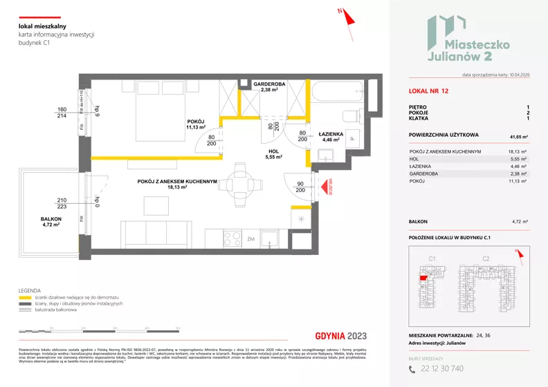 2 pokoje, mieszkanie 41,65 m², piętro 1, oferta nr C1/12, Miasteczko Julianów 2, Julianów, ul. Architektów