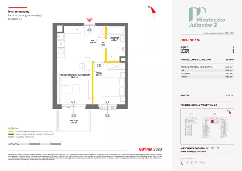 2 pokoje, mieszkanie 37,80 m², piętro 2, oferta nr C2/126, Miasteczko Julianów 2, Julianów, ul. Architektów