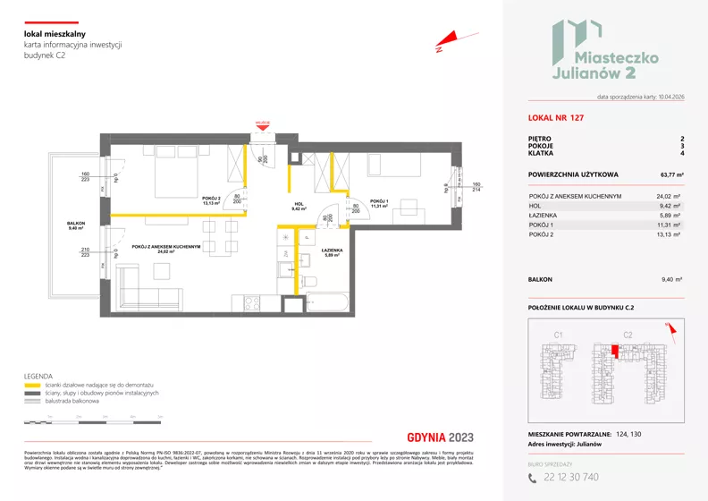 3 pokoje, mieszkanie 63,77 m², piętro 2, oferta nr C2/127, Miasteczko Julianów 2, Julianów, ul. Architektów