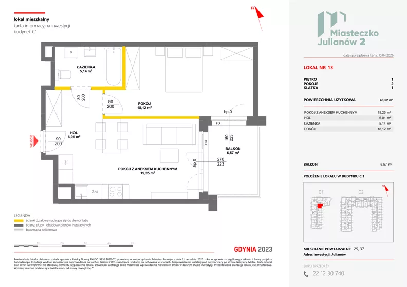 2 pokoje, mieszkanie 48,52 m², piętro 1, oferta nr C1/13, Miasteczko Julianów 2, Julianów, ul. Architektów