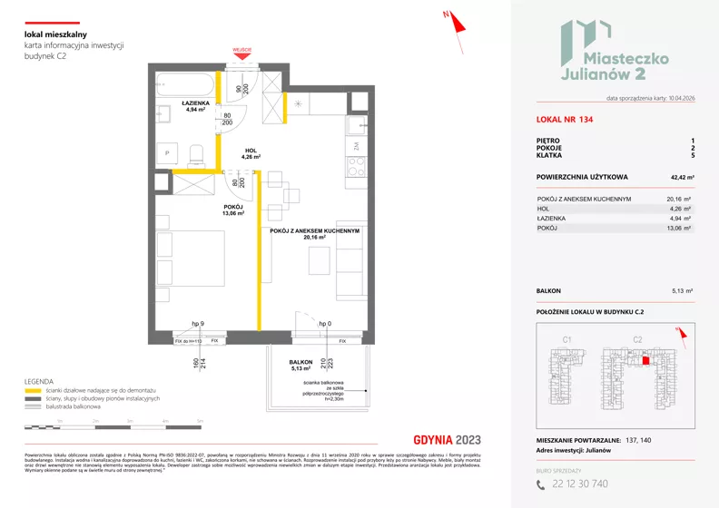 2 pokoje, mieszkanie 42,42 m², piętro 1, oferta nr C2/134, Miasteczko Julianów 2, Julianów, ul. Architektów