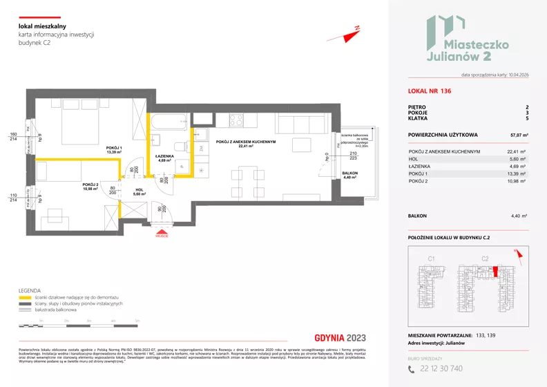 3 pokoje, mieszkanie 57,07 m², piętro 2, oferta nr C2/136, Miasteczko Julianów 2, Julianów, ul. Architektów