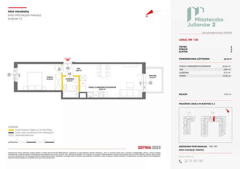 2 pokoje, mieszkanie 46,34 m², piętro 2, oferta nr C2/138, Miasteczko Julianów 2, Julianów, ul. Architektów