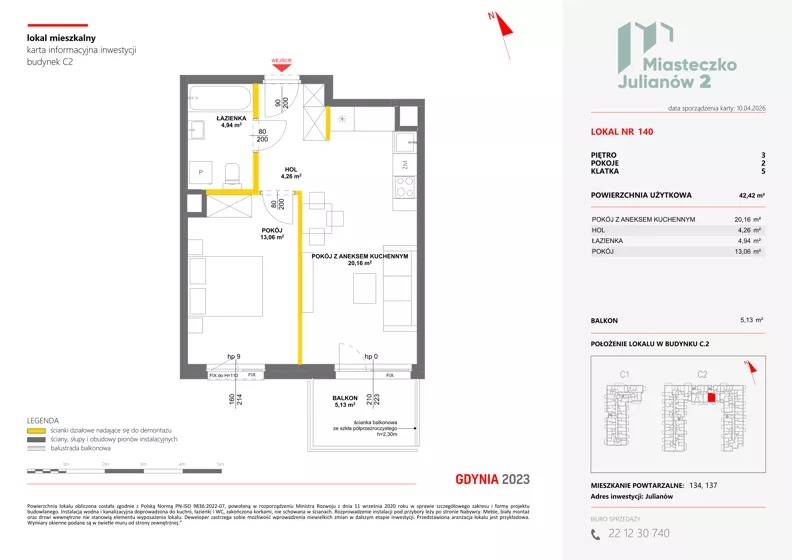 2 pokoje, mieszkanie 42,42 m², piętro 3, oferta nr C2/140, Miasteczko Julianów 2, Julianów, ul. Architektów
