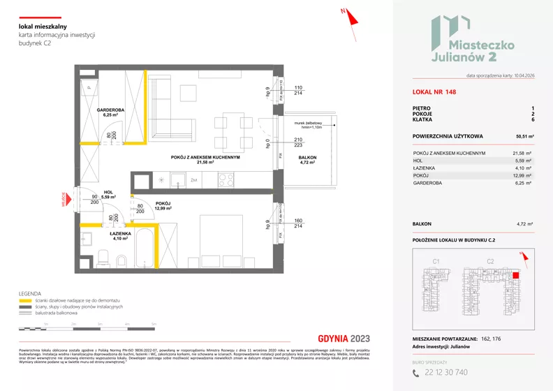 2 pokoje, mieszkanie 50,51 m², piętro 1, oferta nr C2/148, Miasteczko Julianów 2, Julianów, ul. Architektów