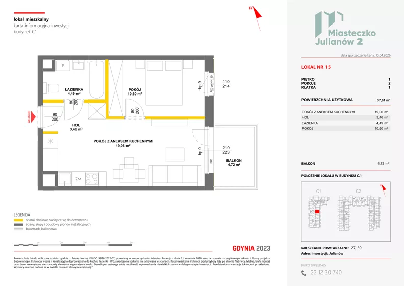 2 pokoje, mieszkanie 37,61 m², piętro 1, oferta nr C1/15, Miasteczko Julianów 2, Julianów, ul. Architektów