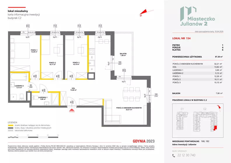 4 pokoje, mieszkanie 87,38 m², piętro 1, oferta nr C2/154, Miasteczko Julianów 2, Julianów, ul. Architektów