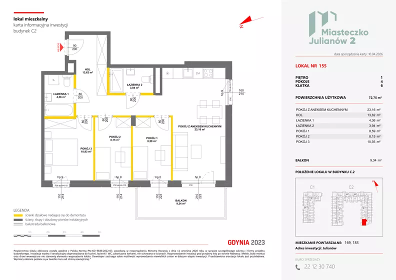 4 pokoje, mieszkanie 72,75 m², piętro 1, oferta nr C2/155, Miasteczko Julianów 2, Julianów, ul. Architektów