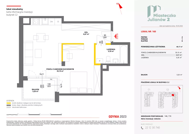 1 pokój, mieszkanie 49,17 m², piętro 2, oferta nr C2/160, Miasteczko Julianów 2, Julianów, ul. Architektów