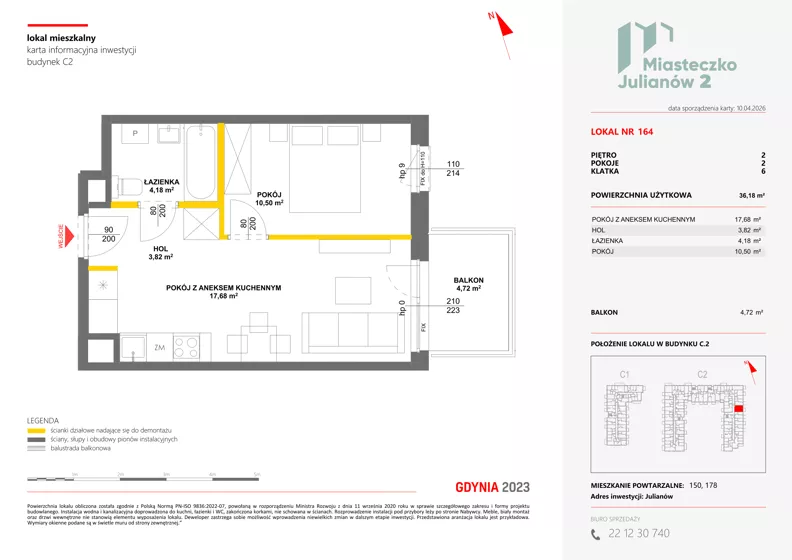 2 pokoje, mieszkanie 36,18 m², piętro 2, oferta nr C2/164, Miasteczko Julianów 2, Julianów, ul. Architektów