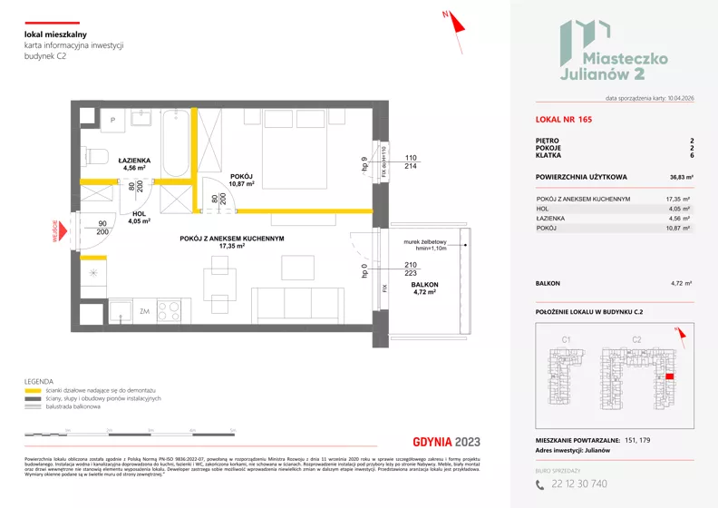 2 pokoje, mieszkanie 36,83 m², piętro 2, oferta nr C2/165, Miasteczko Julianów 2, Julianów, ul. Architektów