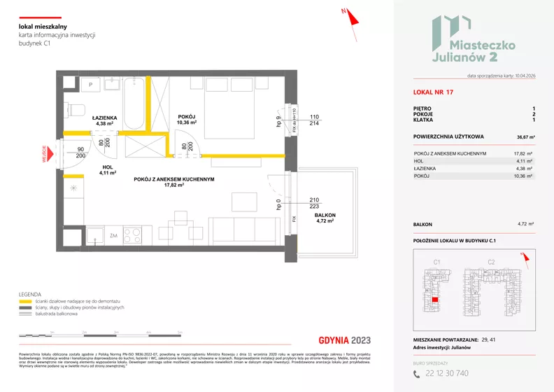 2 pokoje, mieszkanie 36,67 m², piętro 1, oferta nr C1/17, Miasteczko Julianów 2, Julianów, ul. Architektów