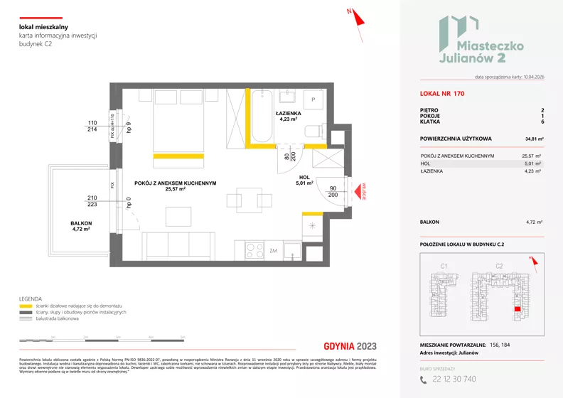 1 pokój, mieszkanie 34,81 m², piętro 2, oferta nr C2/170, Miasteczko Julianów 2, Julianów, ul. Architektów