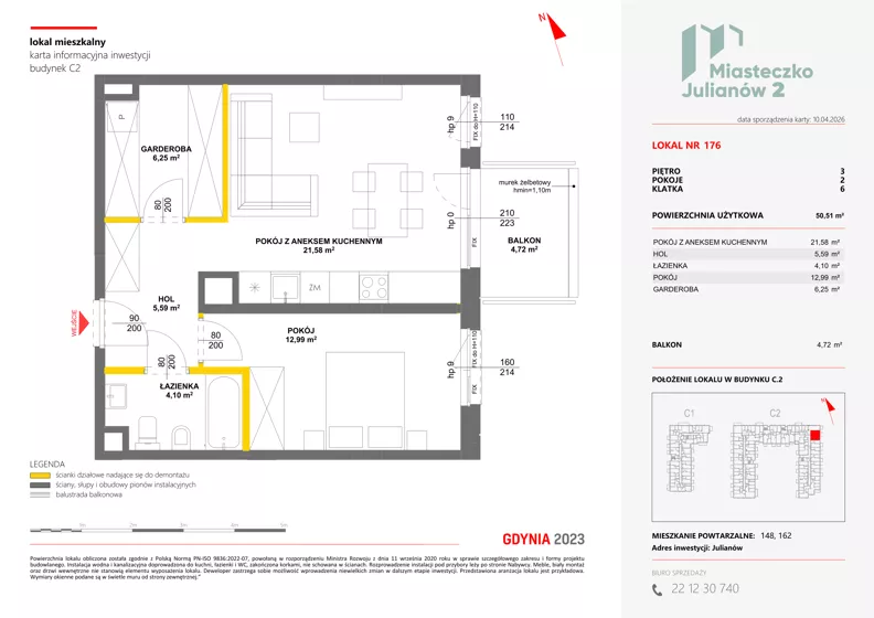 2 pokoje, mieszkanie 50,51 m², piętro 3, oferta nr C2/176, Miasteczko Julianów 2, Julianów, ul. Architektów