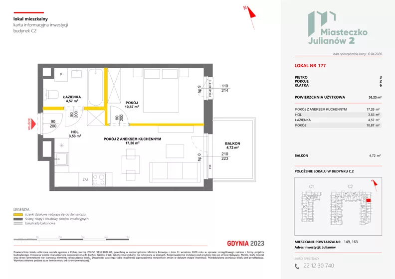 2 pokoje, mieszkanie 36,23 m², piętro 3, oferta nr C2/177, Miasteczko Julianów 2, Julianów, ul. Architektów