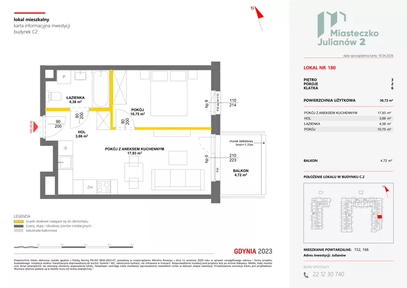 2 pokoje, mieszkanie 36,72 m², piętro 3, oferta nr C2/180, Miasteczko Julianów 2, Julianów, ul. Architektów