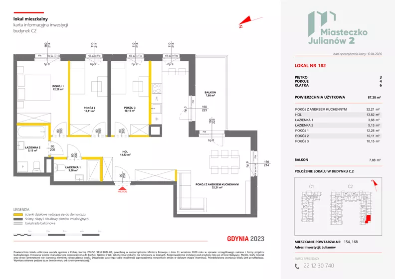 4 pokoje, mieszkanie 87,38 m², piętro 3, oferta nr C2/182, Miasteczko Julianów 2, Julianów, ul. Architektów