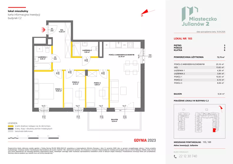 4 pokoje, mieszkanie 72,75 m², piętro 3, oferta nr C2/183, Miasteczko Julianów 2, Julianów, ul. Architektów